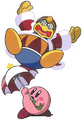 Parasol Kirby balancing King Dedede from Kirby: Right Back at Ya!