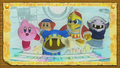 A still from the opening cutscene, where Kirby and co. agree to help Magolor
