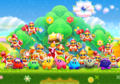 Kirby Fighters Deluxe credits picture, featuring Whip Kirby and many others saying their farewell in Flower Land