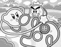 Illustration of Kirby attacking an Uniclod with his Yarn Whip from Kirby: Big Trouble in Patch Land!
