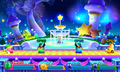 The Fountain of Dreams stage in Kirby Fighters Deluxe, where the Star Rod is powering it in the background