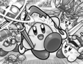 Three members of Team Kirby, including Sword Hero Kirby, glad to see Beam Mage Kirby come back, in Kirby: Super Team Kirby's Big Battle!