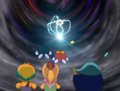 Kirby duels with Kracko in the sky as the others watch. (Kirby: Right Back at Ya!)