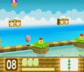 Kirby crosses a bridge over shallow pools in the pleasant tropical climate of Aqua Star