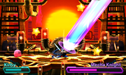 Mecha Knight releases a giant laser from his eyepiece.