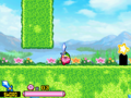 Kirby follows the tutorial, and obtains the Sword ability from the bubble