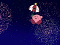 Parasol Kirby floating in front of more fireworks (Kirby: Right Back at Ya!)