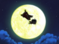 King Dedede and Escargoon silhouette the moon as they are blown away.