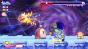 Waddle Dee greets the player amidst all the chaos during the battle against Grand Doomer EX in Kirby's Return to Dream Land Deluxe