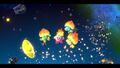 Kirby and three Burning Leos floating in space in the ending of Kirby Star Allies