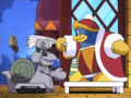 King Dedede tries to harm the droid with a fan, thinking it to be Escargoon.
