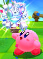 Kirby holding a platinum trophy