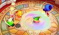 Screenshot of the Kirbys fighting in an arena