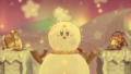 Extra Mode credits picture from Kirby's Return to Dream Land Deluxe, featuring Snow Bowl Kirby serving as the head of a snowman