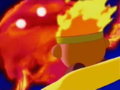 Fire Kirby flies toward Flame Feeder on his Warp Star.