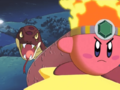 Fire Kirby coils the Heavy Anaconda around one of Castle Dedede's towers.