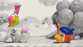 Elline paints Waddle Dee and Kirby back to life.