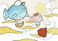 Concept art of Bubbly Clouds (misspelled as "Bubbly Clowds") from Twinkle Popopo, the prototype for Kirby's Dream Land. Note the unhappy whale-airship machines, which might have been inspiration for Kaboola
