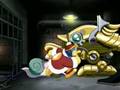 Heavy Lobster busts through the prison cell, allowing King Dedede and Escargoon to escape.