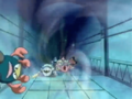 Kirby inhales the monsters blocking the hallway.