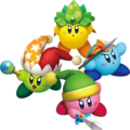 Four Kirbys, each with their own Copy Ability