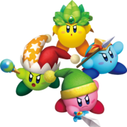 Artwork depicting four differently-colored Kirbys from Kirby's Return to Dream Land