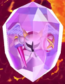 Galacta Knight encased in his gem seal, just before the fight begins in The True Arena from Kirby's Return to Dream Land