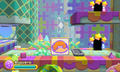 Camouflaging behind a HAL Laboratory logo cardboard in Kirby: Triple Deluxe