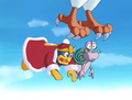 King Dedede and Escargoon are dropped from the sky by Dyna Blade as punishment.
