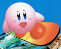 Artwork of Kirby on his Kirby Ball 64 airboard