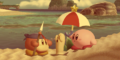 Extra Mode credits picture from Kirby's Return to Dream Land, featuring Parasol Kirby and Bandana Waddle Dee looking at an exposed Cappy