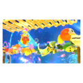 Heroes in Another Dimension credits picture from Kirby Star Allies, featuring Kirby and co. forming a Friend Bridge for a Key Dee and Waddle Dee