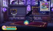 Kirby fights King Phanta while keeping an eye on that creepy piano.