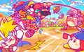 Illustration from the Kirby JP Twitter of Kirby in the Armor having a tug of war with his allies.
