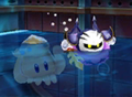 Meta Knight swimming with a Squishy's head peeking from the water