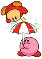 Kirby Super Star artwork of Kirby using Parasol on a Waddle Dee
