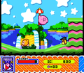 Kirby hovering while carrying a Parasol in Kirby Super Star