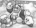 Illustration of Bandana Waddle Dee rushing to greet Dedede and Kirby from Kirby: Uproar at the Kirby Café?!.
