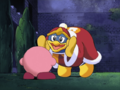 King Dedede mimics Tiff and commands Kirby to inhale Hardy.