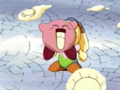 Kirby defends Tiff by eating the pies flying her way.