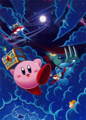 Artwork of Kirby and the Squeaks in a dark, cloudy area, with three Squeakers peeking from the clouds