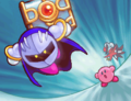 Meta Knight takes the chest containing Dark Nebula from Kirby and Daroach
