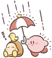 Artwork of Kirby covering a sleepy Waddle Dee and Twizzy from the rain