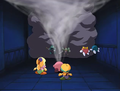 Kirby inhales the smoke to give Sword and Blade a chance to escape.