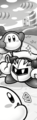 Meta Knight greets Kirby and Waddle Dee.