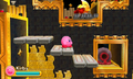 Kirby descends a tall temple chamber and avoids Gigatzo fire from the background.