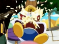 King Dedede gets pied by four different people when he tries to attack Kirby.