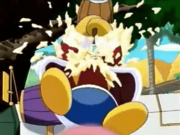 King Dedede gets pied by four different people when he tries to attack Kirby.