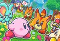 Illustration from the Kirby JP Twitter featuring Awoofies attacking Kirby, Elfilin, and the Channel PPP Crew
