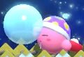 Kirby sleeping in Kirby Star Allies, with a bloated nose bubble.